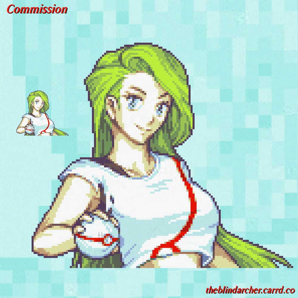 A 16 bit pixel art bust portrait of a character with a stark white complexion, long flowing neon green hair, and bright blue eyes.  She's wearing a white midriff t-shirt with one torn sleeve and a black shirt visible underneath the tear.  She is holding a Premier Ball from the Pokemon series, and her shirt has a matching red stripe going across the chest.