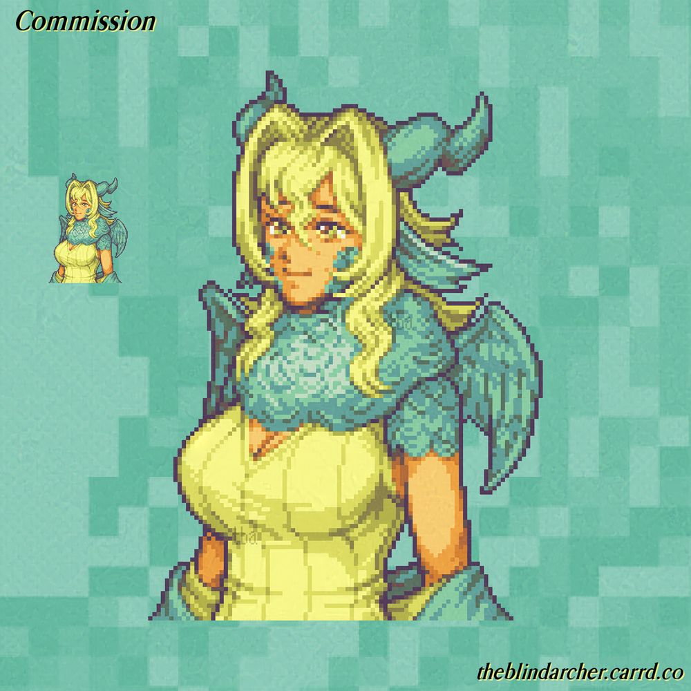 A 16-bit pixel art waist-up portrait of a tanned woman with blonde hair, gold eyes, and green draconic features including horns, wings, scales, and down feathers around her neck.  She wears a low-cut sweater vest, and has a jacket hanging loosely around her elbows.  The art is of the recipients dragon character.