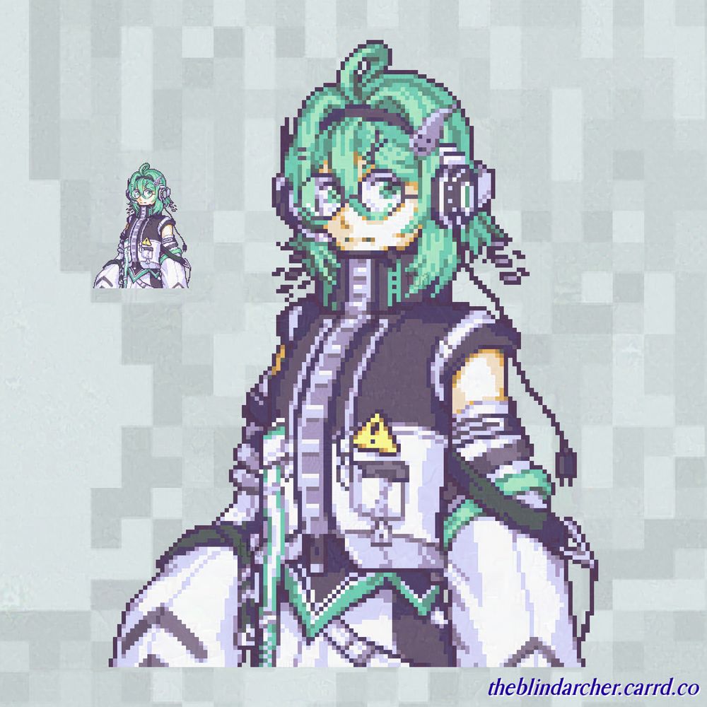 A 16 bit pixel art half-body portrait of a character with ghastly white skin, green hair and eyes, and circle rim glasses.  She wears a black hairband, various hair pins, and headphones with a microphone.  She wears a black and white shirt with a giant zipper, detached giant sleeves,, and matching shorts, all with a myriad of straps, cords, and pins.  The art is of the recipients VTuber model.