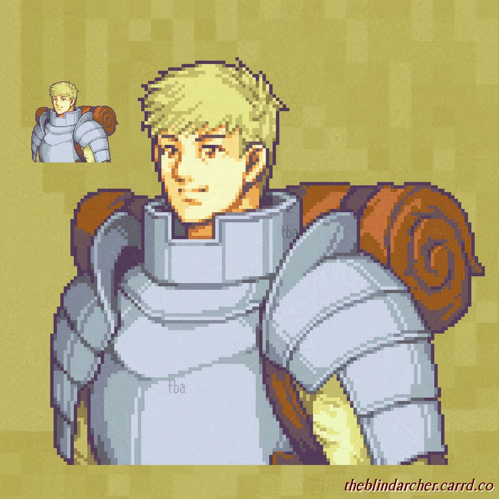 A 16-bit pixel art portrait of a fair skinned man with a large frame, short blonde hair, and brown eyes.  He wears a suit of armor over a beige shirt, and a backpack with a bedroll on top.  The art is of the character Laios from the anime/manga Dungeon Meshi.