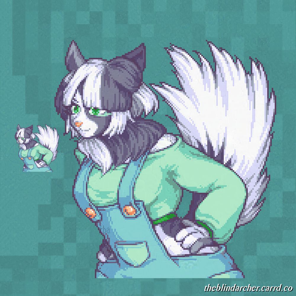 16 bit pixel art half-body of an anthropomorphic chinchilla.  They're wearing a pale green long sleeve crop top and pale blue overalls.  They're leaning forward with their hands on their hips.  Their fur pattern is mottled black and white.  The art is of GigiMarz's avatar/sona, Oxnard