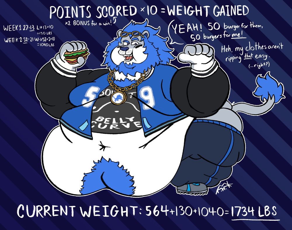 59 is a very fat gray lion with a white tummy and blue mane. He's wearing a rapidly-beginning-to-be-undersized shirt and letterman jacket with the numbers 59 stitched on them, with his white stomach pouring out of it onto the floor. He's also wearing navy blue jogging pants, but even these are beginning to become overstretched and his ass is starting to hang out. He's holding a burger to mark that the Detroit Lions dropped a "50 burger" this week against the Chicago Bears, scoring over 50 points.

The text above him reads: "POINTS SCORED x 10 = WEIGHT GAINED", with smaller text reading "x2 bonus for a win!" underneath the points. To the left of him, the formulas for his gains across weeks 1 and 2 is shown. "Week 1: 27-13 L -> 13 x 10 = 130 lbs", "Week 2: 52-21 W -> 52 x 2 x 10 = 1040 lbs".

To the right of 59, he exclaims "YEAH! 50 burger for them, 50 burgers for ME! Heh, my clothes aren't ripping THAT easy. (...right?)"

Finally, the text underneath him says "CURRENT WEIGHT: 564+1300+1040=1734 LBS"