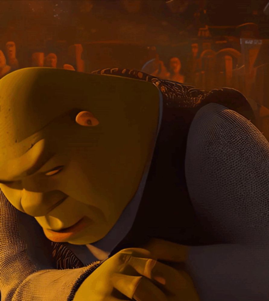 shrek from the movie shrek is smiling and looking at something