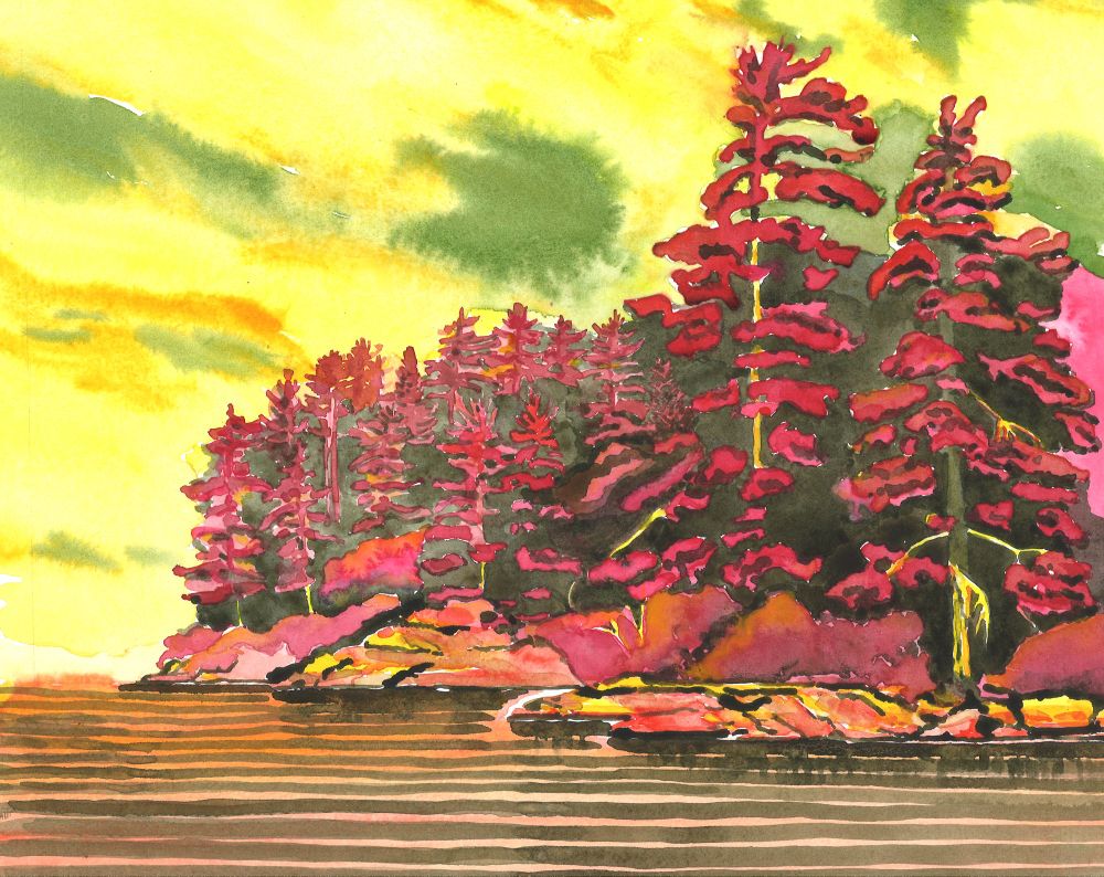 Bold watercolor w intense yellow olive orange MAGENTA!!