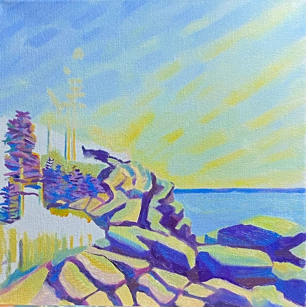 Oil painting of bold coast in Maine half done with lots of purples and yellows. 