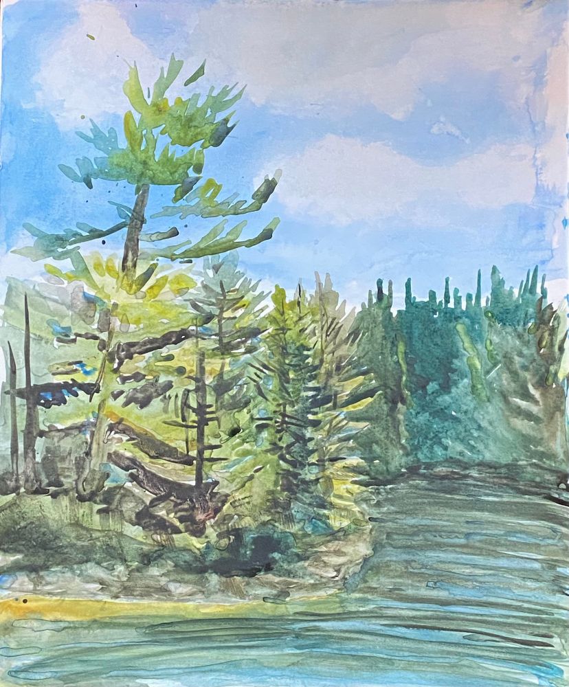 Watercolor painting of lake shoreline in greens and blues