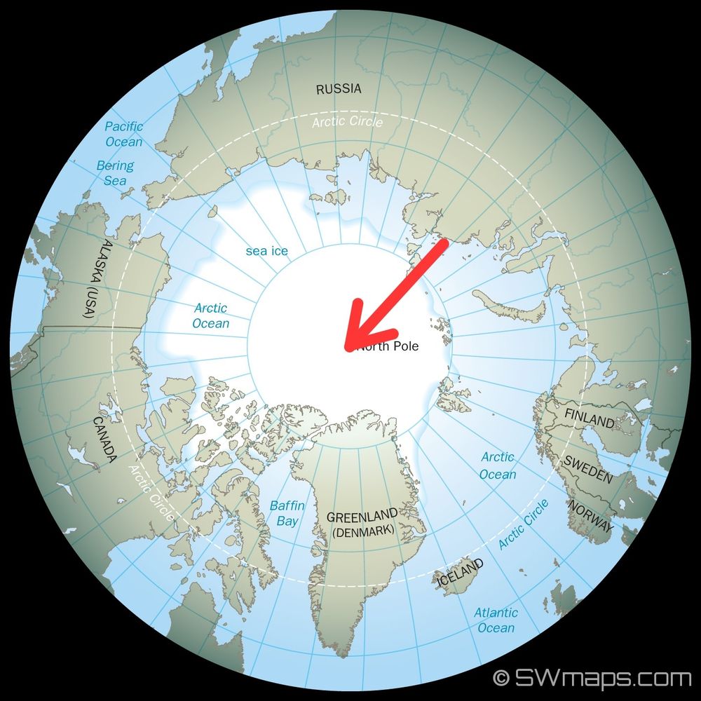 Karte der nördlichen Hemisphäre mit einem roten Pfeil, der auf den Nordpol zeigt 
