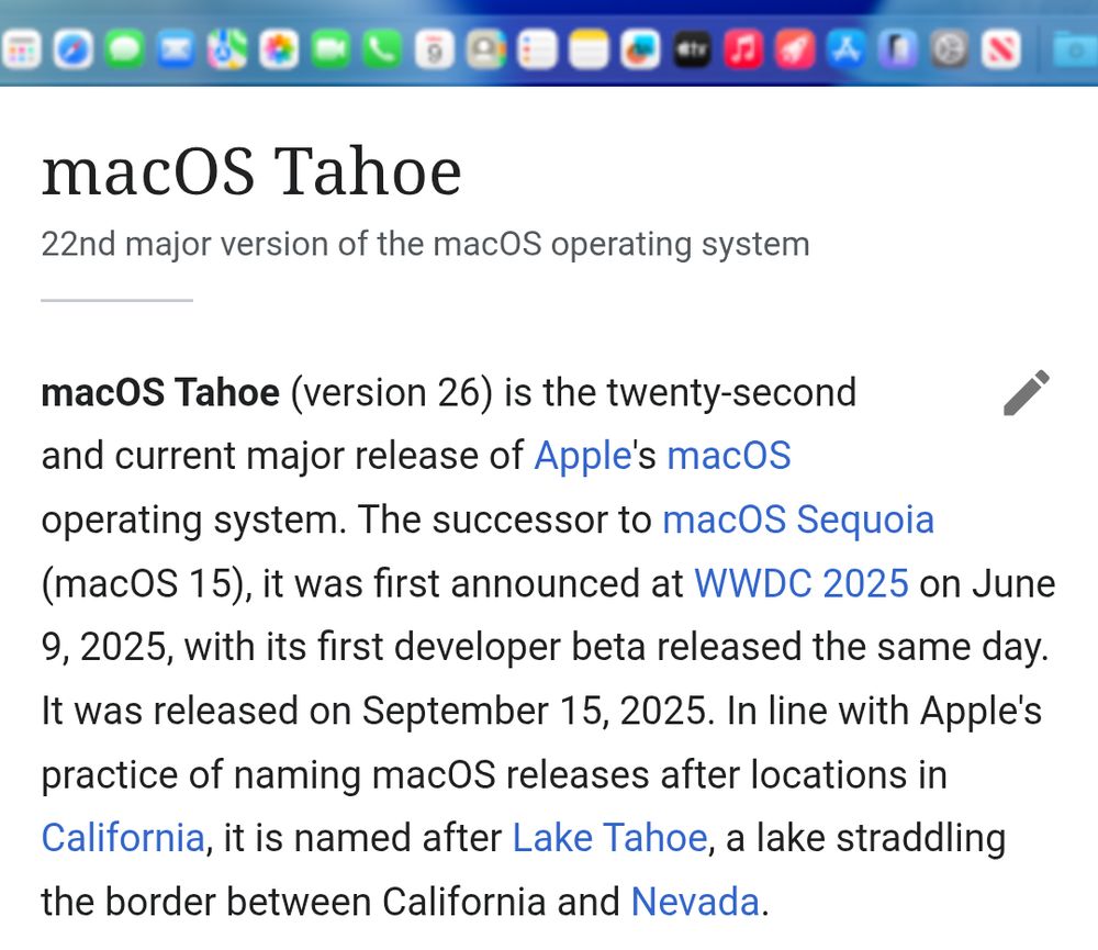 Wikipedia screenshot of the page for macOS Tahoe