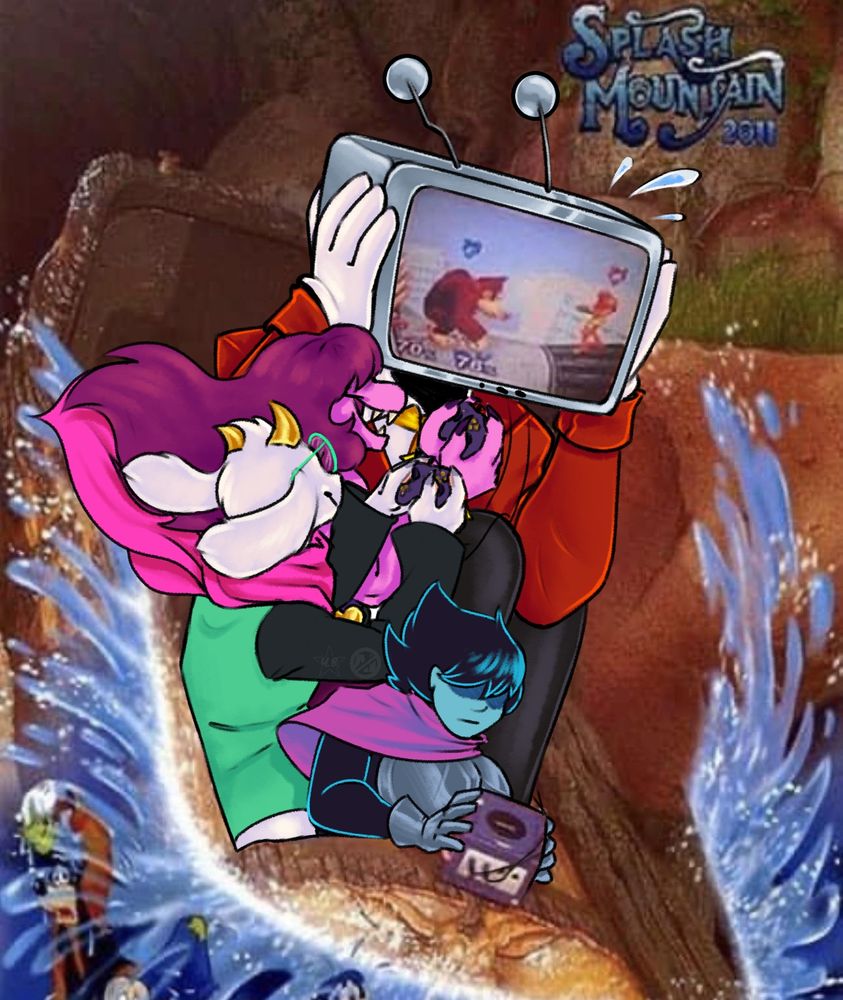 A photo of four guys in a Splash Mountain ride, one holding a tv monitor, two holding controllers and one holding a Gamecube console to take a picture in the ride looking as if they're playing Super Smash Bros but it's edited into the characters of the game 'Deltarune'. Kris is the one holding the Gamecube out front, the two behind them are Ralsei and Susie holding controllers and looking up at the monitor behind them, which is just Tenna's TV head. 
