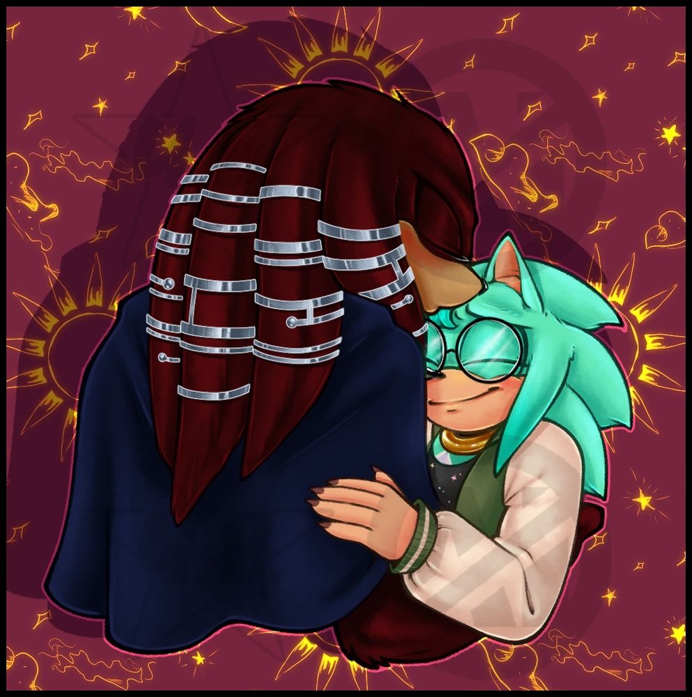 A digital illustration of two sonic characters. A taller, dark red echidna (Spectre from the old Archie comics but redesigned a little to have metalling ring decorations on his quills) is holding a shorter, teal hedgehog character with short quills and little quills in the front similar to that of an echidna's, one on each side just behind the muzzle/cheek area. The hedgehog is wearing glasses, a gold ring around their neck and a green jacket with white sleeves as well as a black shirt covered in tiny yellow, blue and pink stars. The background is a pink-ish/red-ish mix with a pattern of hand-drawn stylized suns, moons, clouds and stars. 