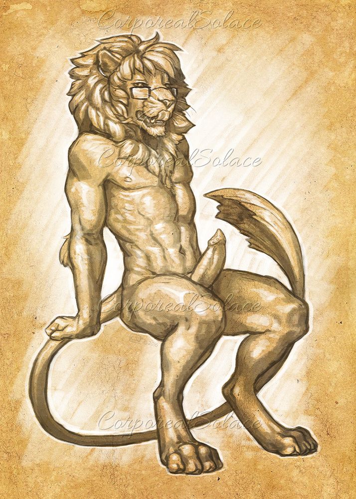 toned paper digital sketch of a muscular anthro lion sitting and leaning back, revealing his erection.