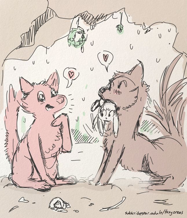 Two feral foxes in a cozy cave with bones scattered around them, giving a holiday gift! A squirming, helpless bunny, held in one of the foxes jaws as they proudly show off their catch to their partner. Everyone looks thrilled except for the bunny, who is about to have an extremely horrible death.