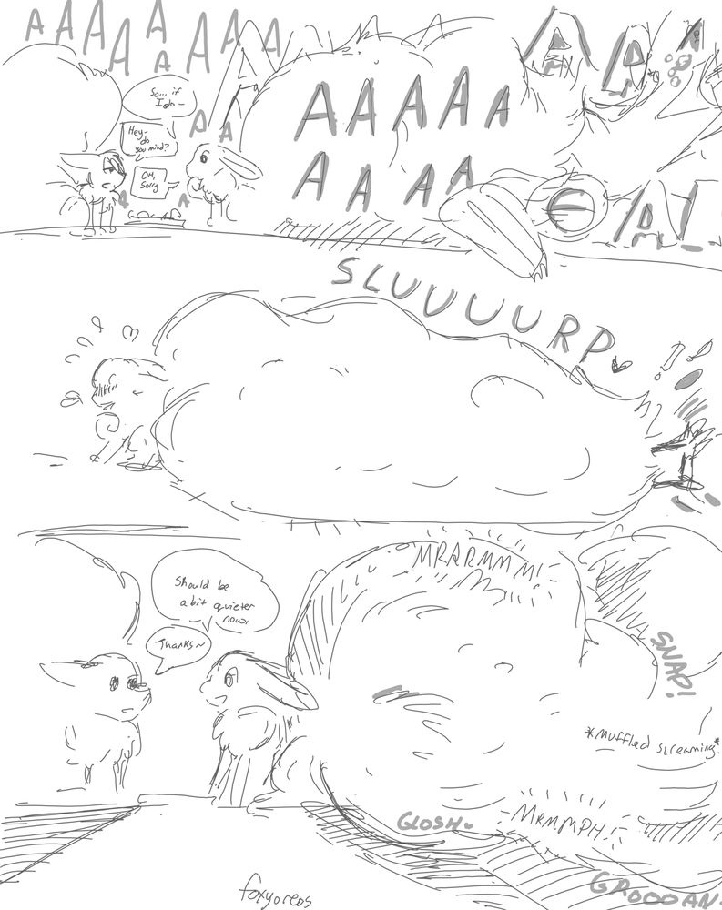 Meep and Hakai still playing chess. Palkai is screaming horribly, engulfed up to his arms in Hakai's tail as it works on his lower body. The screaming interrupts their chess game, so Meep deadpans, "hey, do you mind?"

"Oh, right, sorry" Hakai absentmindedly responds. A long, wet slurp pulls Palkai fully into the tail, snapping and crunching his agonized body into a more manageable shape. The tail closes around him and now only gurgles, snapping and crunching, and muffled screaming can be heard.

"Should be a bit quieter now!" Hakai cheerfully responds.

"Thanks!"

The two of them get back to playing chess.