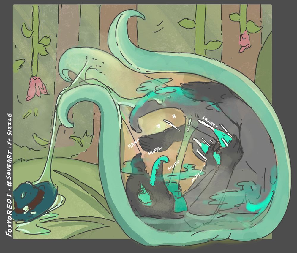 A slazzle is curled up in a predator plant, jerking off while acid begins to fill the chambers.