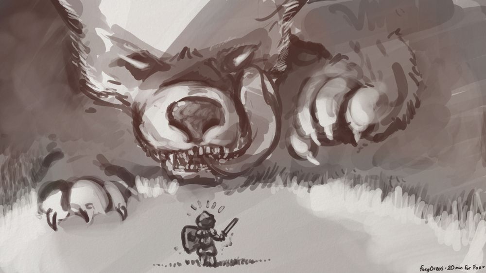 A tiny knight stares up at a giant fox advancing from the darkness, licking his lips and staring down at them with hungry intent~