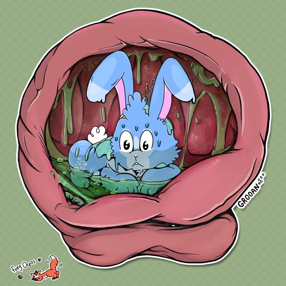 A bunny with big floppy ears sits inside of a stomach looking at the viewer with a nervous expression. A pool of acid collects under their feet. The stomach groans and acid drips down the walls. They look a little bit shocked, not sure what will happen next, but they're nestled nice and snug inside of a growly tummy so it doesn't really matter what their mood is >:3