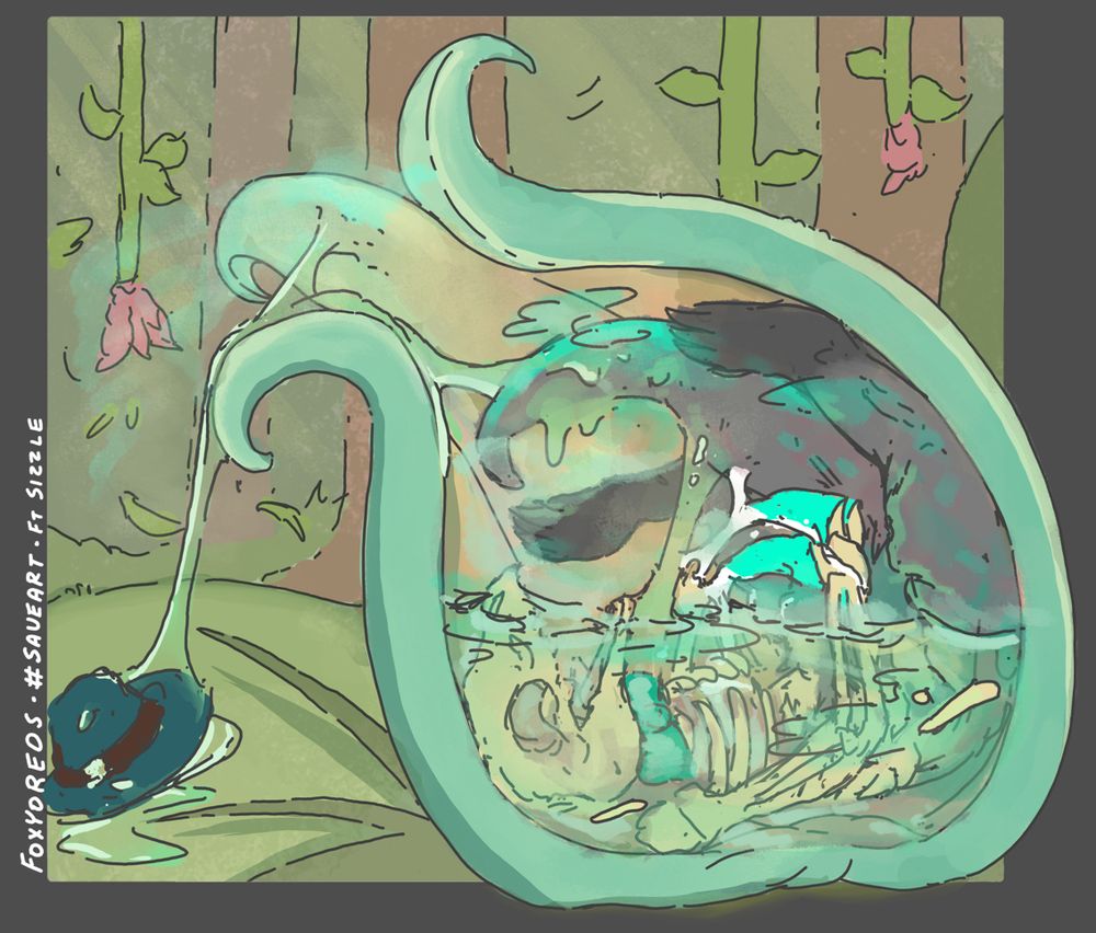 The acid has risen above the Slazle's head, and his entire lower body has been reduced to bones. Looks like he got off a few sessions before he died though~