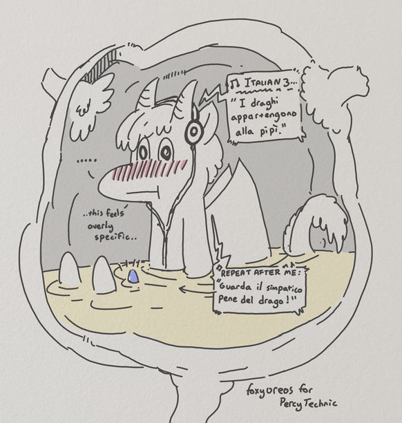 A dragon (Nyama, he/him) is sitting inside of a half-filled bladder listening to an Italian language lesson on some headphones. The course says: 