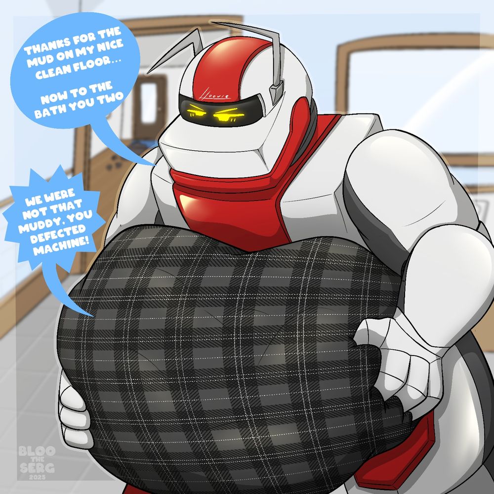 A fairly annoyed droidvac named Hoovie walking into a bathroom while lugging multiple prey in his belly bag. Background shows mud prints on the floors implying why Hoovie is annoyed while his prey are complaining about not being very dirty