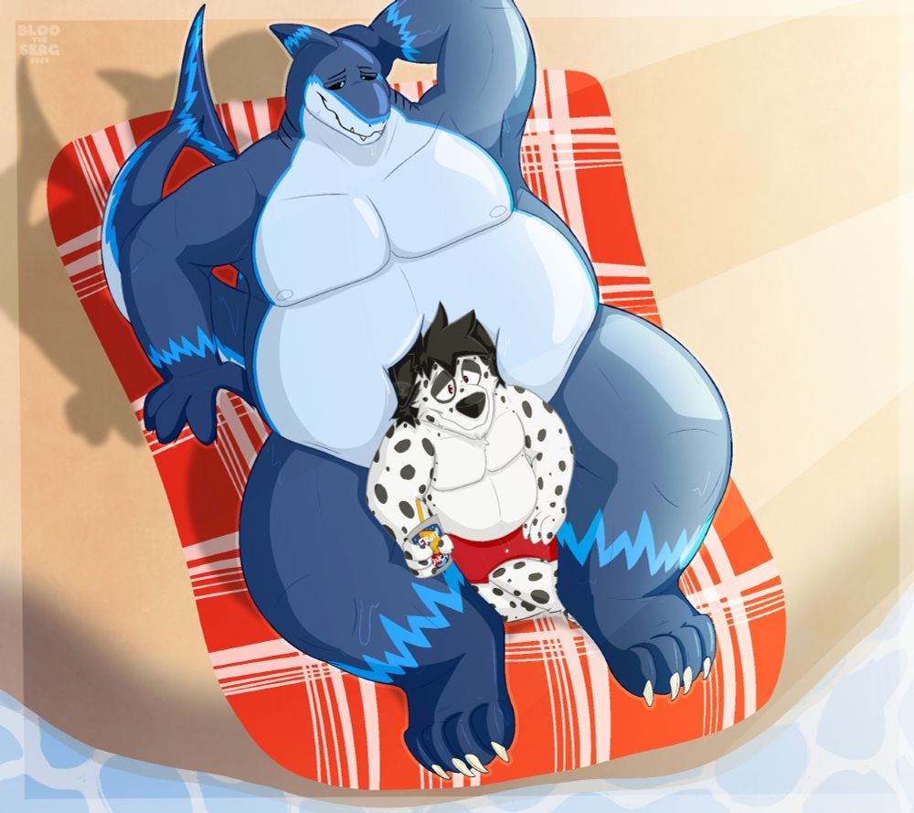 A big Bloo shark resting on a red plaided beach towel alongside a sandy shoreline, with Miles the dalmatian relaxing back in his lap and leaning into Bloo's gut while holding a fruit punch drink