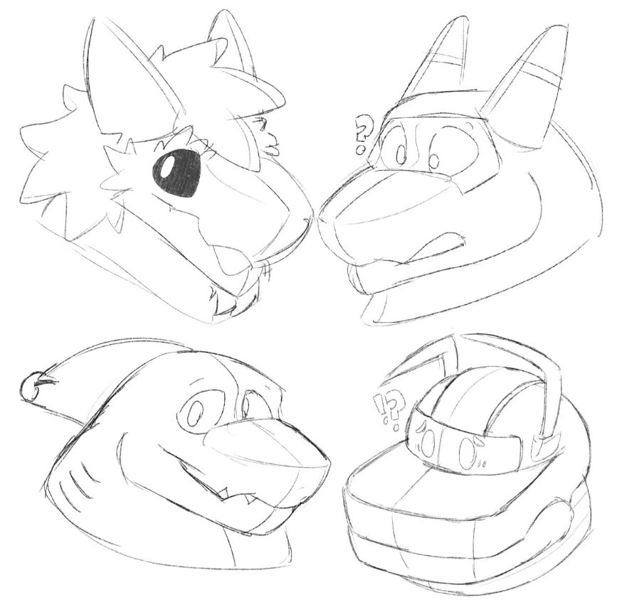 sketches of my characters pooltoy-ified, with some happy and some confused. 
in clockwise order: bloo, pax, hoovie and seamus