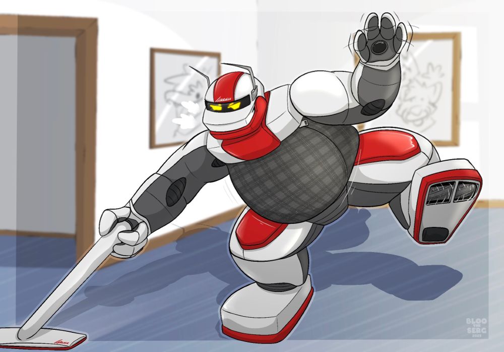 Hoovie the vacuum cleaning Droidvac robot waving at the viewer, as he sweeps along a blue carpeted floor