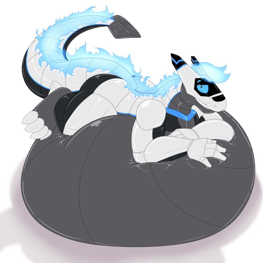 Bloo the white/gray synth robot laying on his own enlarged belly as it lifts his body off the ground, while eyeing the viewer