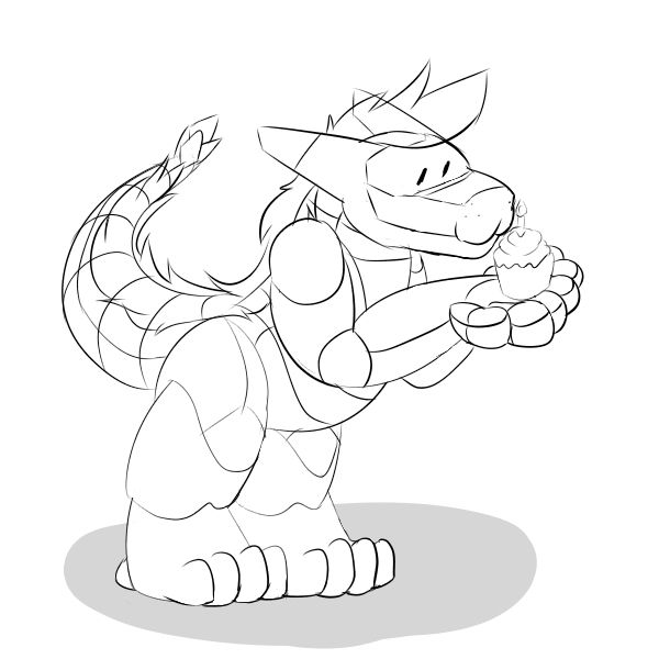 Sketch of Bloo the synth holding a little birthday cupcake