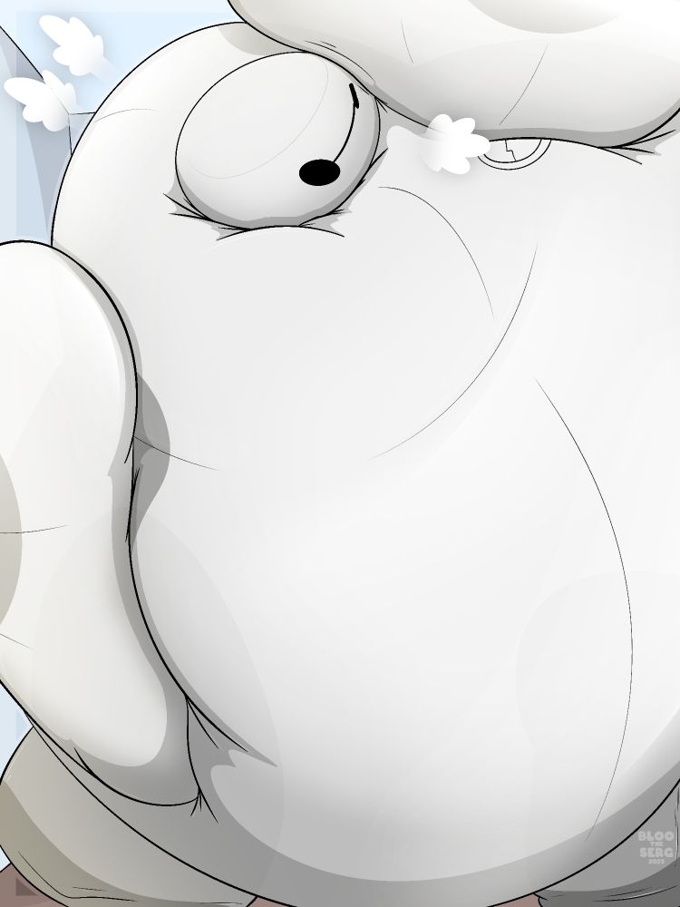 A marshmallow-y inflatable robot quickly filling up a small space, with their limbs squishing against their growing body