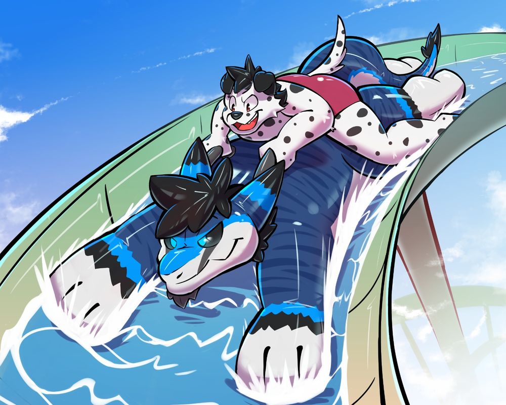 Bloo the blue pooltoy sergal and Miles the dalmatian riding down a tall green waterslide together. Miles is using Bloo as his raft, holding onto him by his back handlebars as Bloo races down the slide!