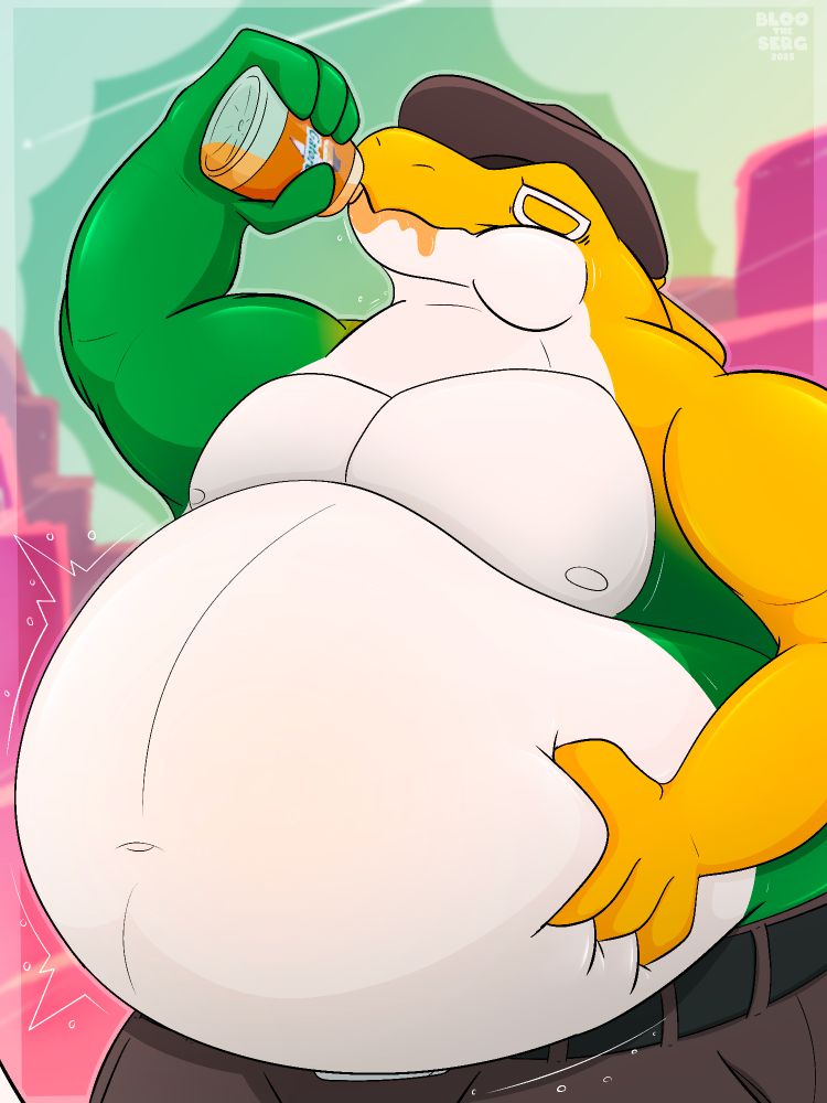 A belted green/yellow gummy alligator character chugging down an orange drink, seemingly bloating up his white gut as he presses firmly on it