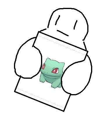 abstract man holding out a huge piece of paper with a bald bulbasaur on it