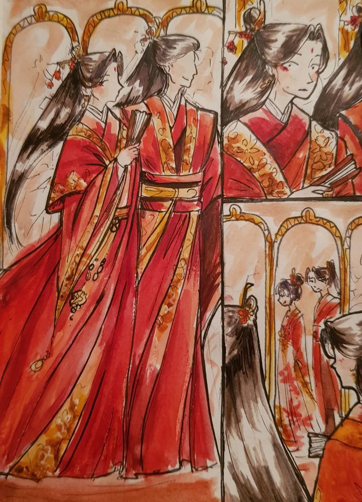 A traditional watercolour artwork divided in three panels. The first panel is a full body drawing of Shen Qingqiu and Yue Qingyuan walking past a room of copper mirrors in wedding clothing. In the second panel, Shen Qingqiu notices something and seems shocked. In the third panel, the reflection of the mirror shows a younger version of him and Qiu Haitang, also walking in wedding clothing.