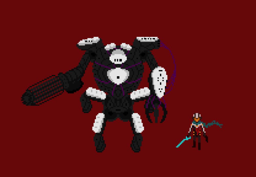 An image of the titular GodHunter character standing next to The Supressor character against a dark red background. The GodHunter is humanoid in shape and stature, carrying a blue glowing blade in one hand and pistol in the other. To its left The Supressor stands, far larger. The Supressor has four legs, each about the size of the GodHunter in its entirety, and has two arms. One is equipped with a giant gatling gun, the other has a large claw. Draped over The Supressor are various purple wires, indicating a power source. 