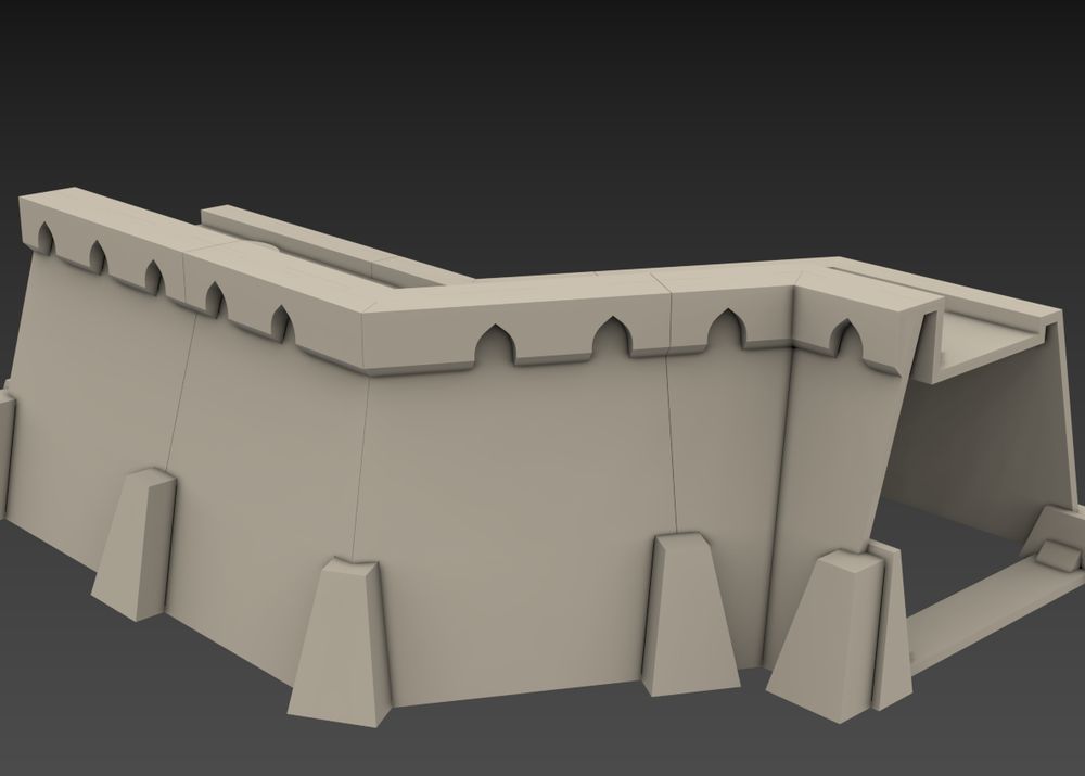 A render depicting a miniature model for a section of castle wall. It is hollow inside and is made up of prefab'ed sections that slot together.