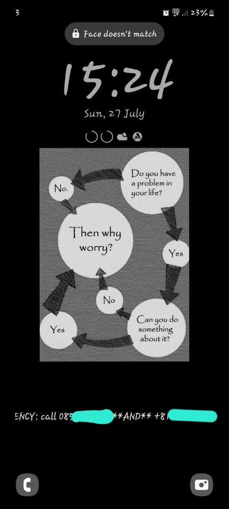 My lock screen shows the time, date, numbers to call in an emergency and a wallpaper that has a diagram that says "Do you have a problem in your life? > Yes > Can you do something about it? > Yes > Then why worry?" - and the No options all lead to "Why worry" as well