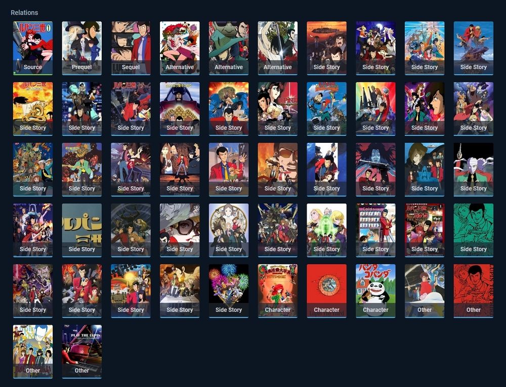 Una imagen donde se muestra una gran ristra de especiales, películas, secuelas... del anime de Lupan