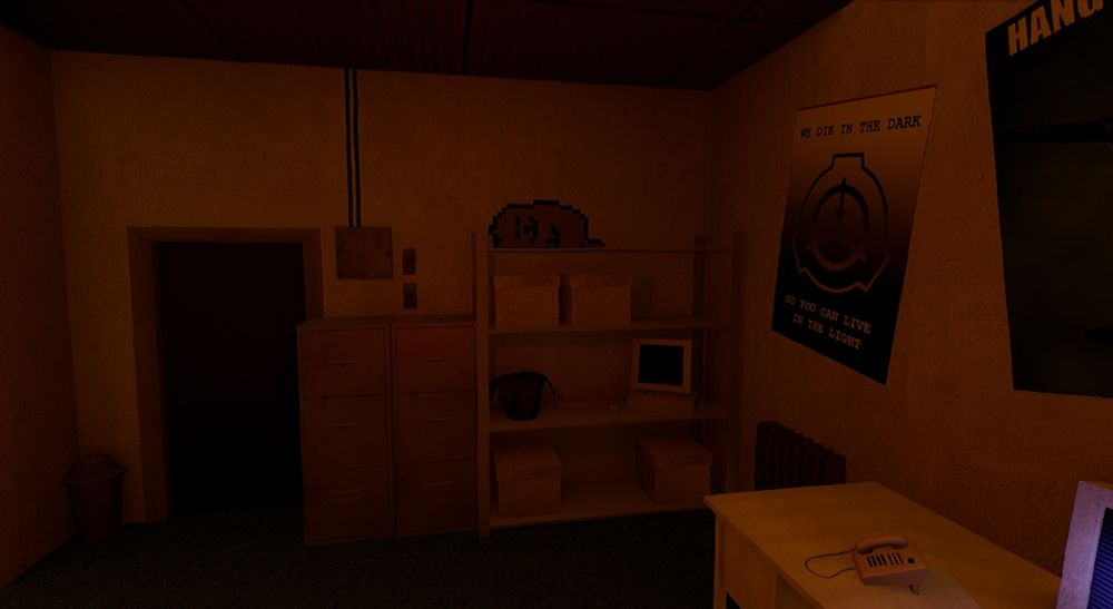 Toby Fox's signature Dog sleeping on a cabinet, in the starting room of SCP:Daybreak