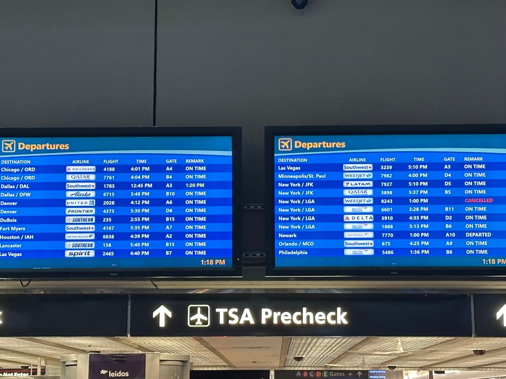 Board of departures at Pittsburgh International Airport