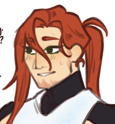 A drawing of a man with kind green eyed and long ginger hair.