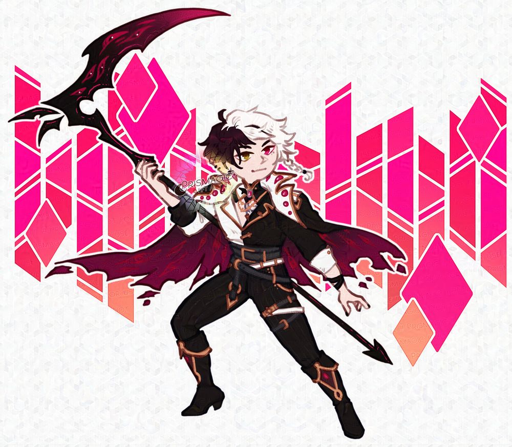 A chibi drawing of a pale skinned individual wearing a black and white outfit. They hold a scythe in one hand. The background is a pink/orange/purple stained glass pattern with diamonds overlaid on it.