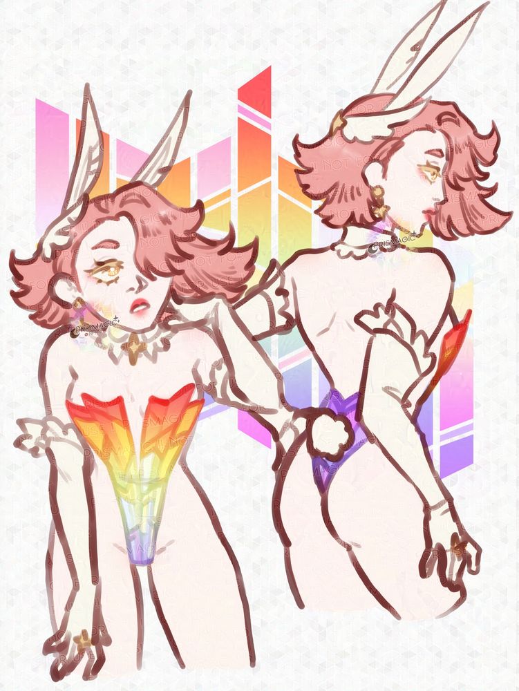A couplet of half body sketches featuring a pale skinned, gold eyed, pink haired sona character. She wears a stained glass bunny suit annd feathered gloves and ears.