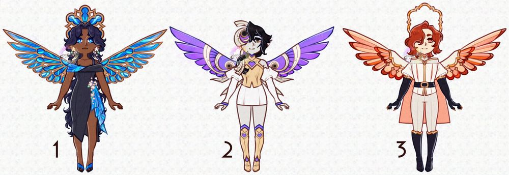 A set of three angel/aasimar designs, each has wings and a halo that appear to be stained glass.