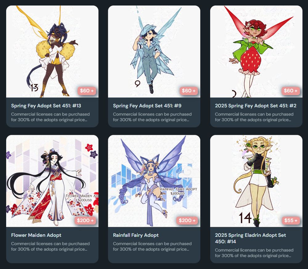 A screenshot from Ko-Fi displaying six adoptable designs, they are fairy and eladrin themed.