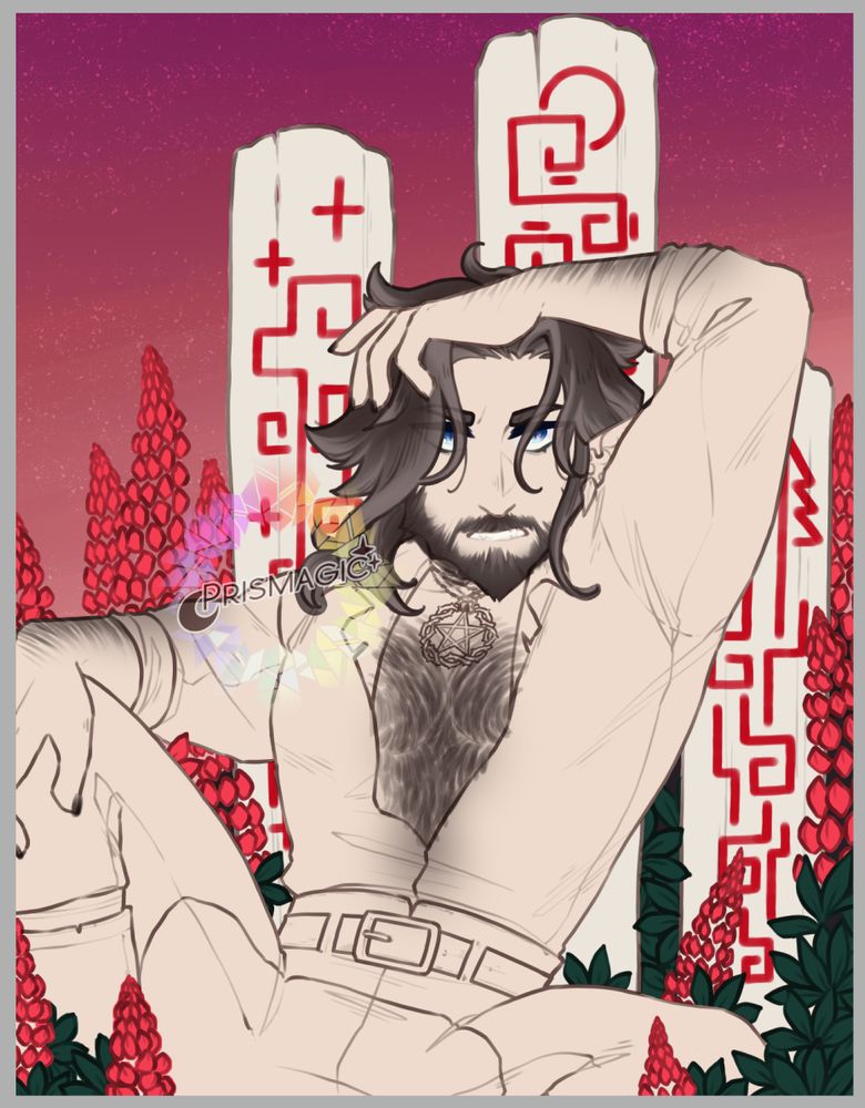 A work in progress piece of a man leaning against a set of abstract gravestones with lupine flowers growing around him.