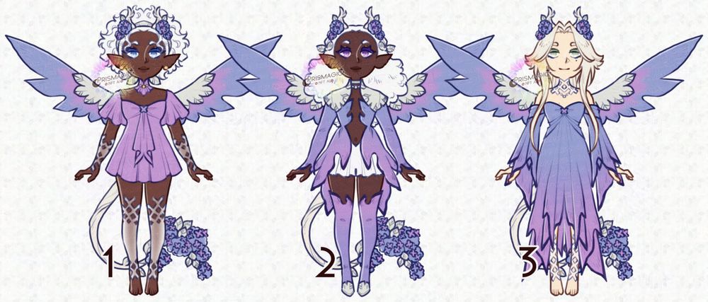 A trio of hydrangea themed dragon designs, they have a similar blue and purple colour palette and floral wings, tails, and horns.