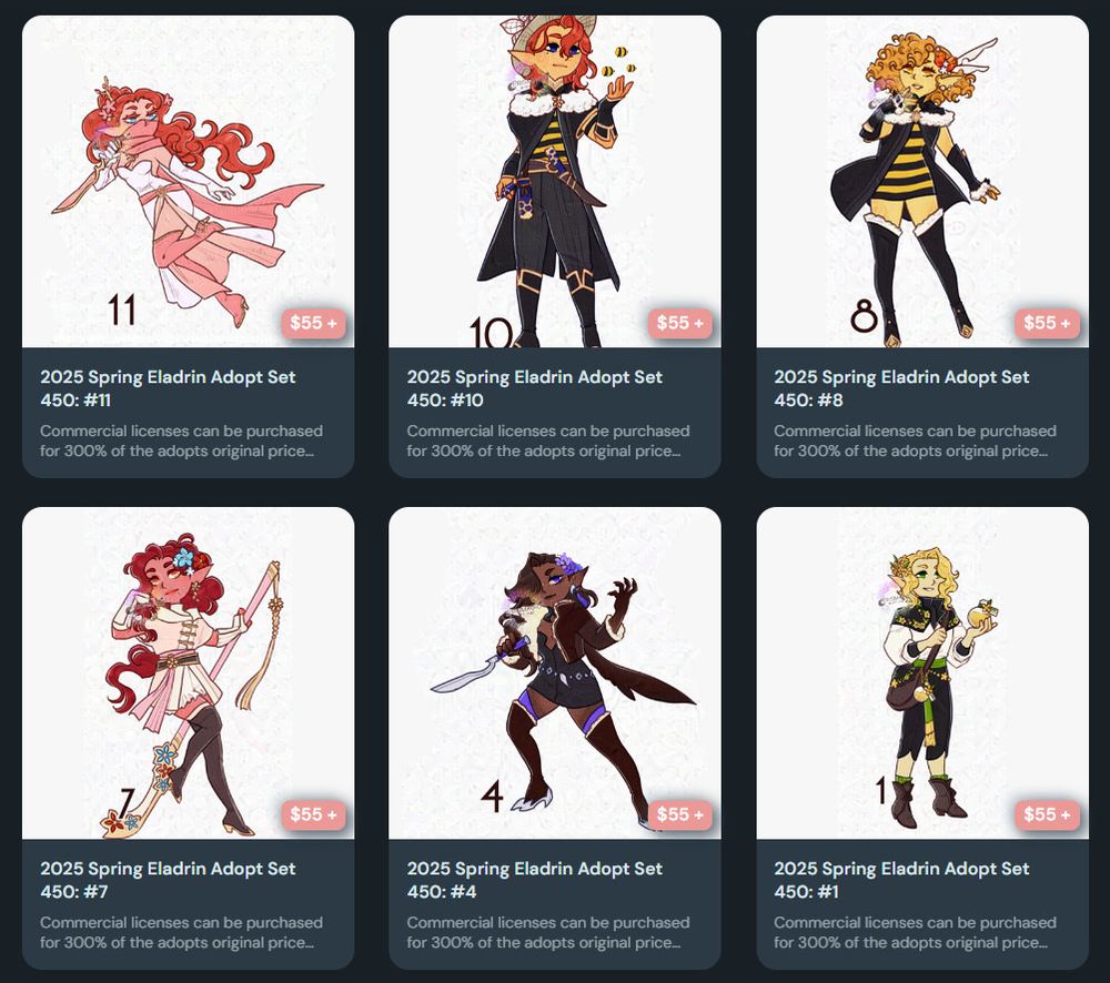 A screenshot from Ko-Fi displaying six adoptable designs, they are spring eladrin themed.