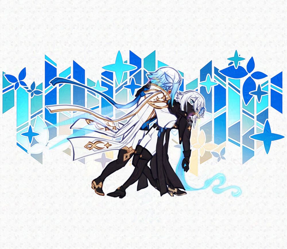 A drawing of two chibi characters. On the left, a man in white with fairy wings dips the man on the right, who is a manikin dressed in all black. They appear to be dancing, but the manikin is inactive and being pulled around by the fairy. The background is a bright blue stained glass design with sparkles and butterflies scattered over it.