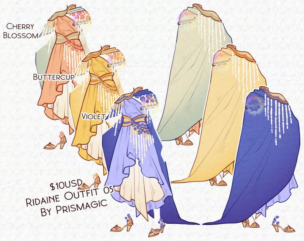 A long draped dress with an embellished beaded belt and matching collared cape. It comes in three different colour palettes, which are adorned with their respective flower. Cherry blossom with pink and gree, buttercup in yellow, and violet in pastel blue.