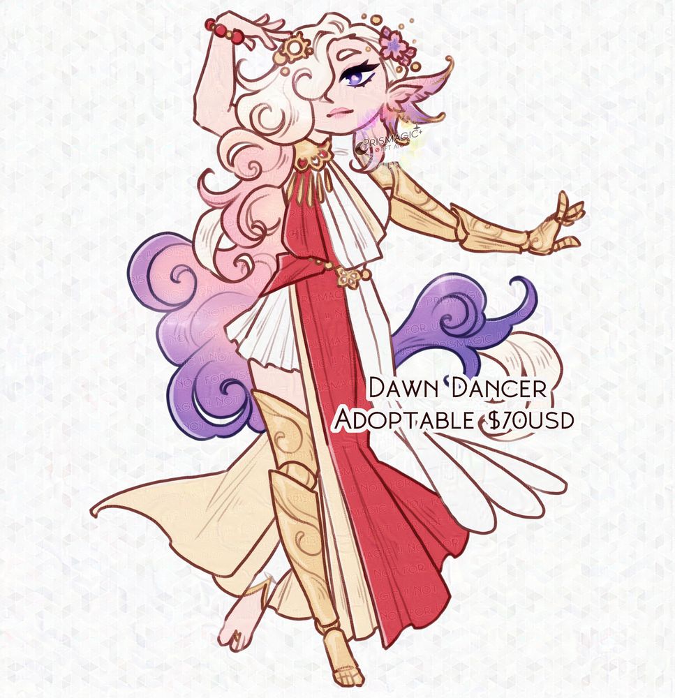 A chibi drawing of a pink haired character with white, pink, and purple hair. They have golden prosthetic limbs and wear a flowy outfit of red and white.